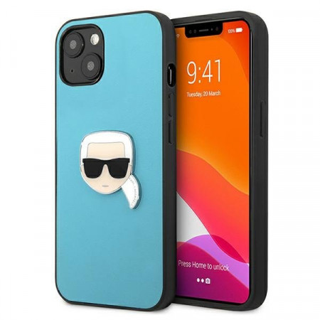 Оригинален твърд гръб KARL LAGERFELD Leather Ikonik Karl's Head Metal KLHCP13SPKMB - iPhone 13 mini син