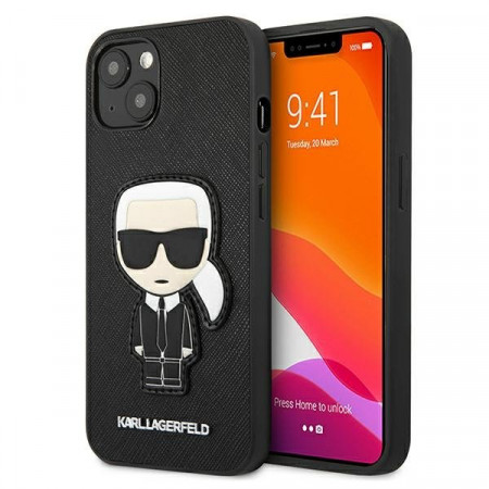 Оригинален твърд гръб KARL LAGERFELD Saffiano Ikonik Karl's Patch KLHCP13SOKPK - iPhone 13 mini черен