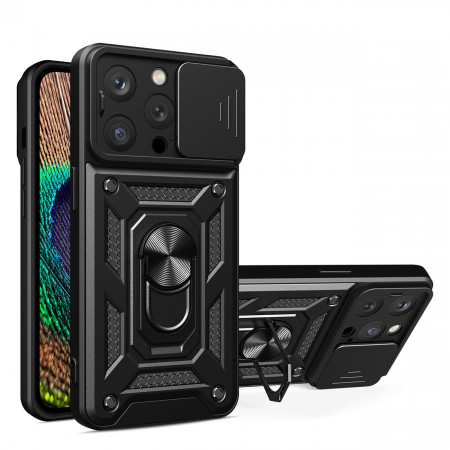 Подсилен гръб Hybrid Armor Camshield с подвижно покритие за камерата и стойка - iPhone 14 Pro Max черен