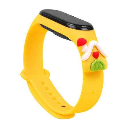 Силиконова каишка Xmas - Xiaomi Mi Band 3 / Band 4 коледен дизайн (къщичка) жълт - Img 1