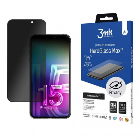 Стъклен протектор с пълно покритие и филтър за поверителност 3mk Hard Glass Max Privacy - iPhone 15 Pro с черна рамка