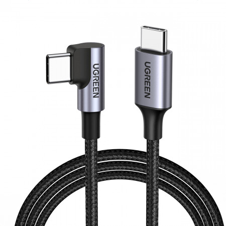90° кабел за зареждане и данни с оплетка UGREEN US255 USB Type C към USB Type C 2.0 CM/M алуминиева обвивка с никелово покритие 0.5m сив / черен