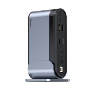 Докинг станция BASEUS 3x USB Type A 3.2 Gen.1 / 2x USB Type A 2.0 / 2x USB Type C / четец за SD и Micro SD карти / мини жак 3.5mm / 3x HDMI / RJ45 1Gbps / USB Tyype C Power Delivery 100W (EU / CN / UK стандарт) (CAHUB-DG0G) сива - Img 3