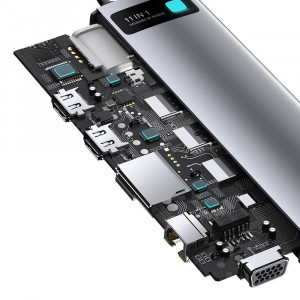 Докинг станция BASEUS Metal Gleam 11в1 USB Type C към 3x USB Type A 3.2 Gen.1 5Gbps / USB Type C Power Delivery 100W / мини жак 3.5mm / VGA Full HD 60Hz / 2x HDMI 4K 30Hz / четец за SD и Micro SD карти / RJ45 1Gbps (CAHUB-CT0G) сива - Img 7