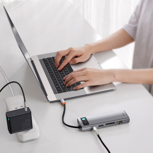 Докинг станция BASEUS Metal Gleam 9в1 USB Type C към 3x USB Type A 3.2 Gen.1 5Gbps / USB Type C Power Delivery 100W / VGA Full HD 60Hz / HDMI 4K 30Hz / четец за SD и Micro SD карти / RJ45 1Gbps (CAHUB-CU0G) сива - Img 9