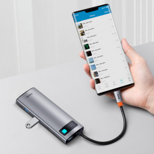 Докинг станция BASEUS Metal Gleam Series 7в1 USB Type C към USB Type C / 2x USB Type A 3.0 / USB Type C Power Delivery / HDMI / четец за SD и Micro SD карти (WKWG020113) сива - Img 11