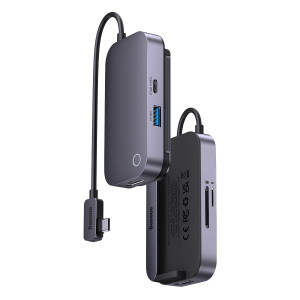 Докинг станция BASEUS PadJoy 6в1 USB Type C към HDMI 2.0 4K 30Hz / мини жак 3.5mm / USB Type A 3.0 / USB Type C Power Delivery + Data 100W / четец за SD и Micro SD карти тъмносива - Img 1