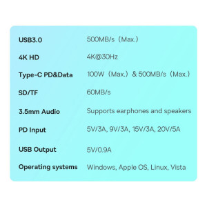 Докинг станция BASEUS PadJoy 6в1 USB Type C към HDMI 2.0 4K 30Hz / мини жак 3.5mm / USB Type A 3.0 / USB Type C Power Delivery + Data 100W / четец за SD и Micro SD карти тъмносива - Img 14