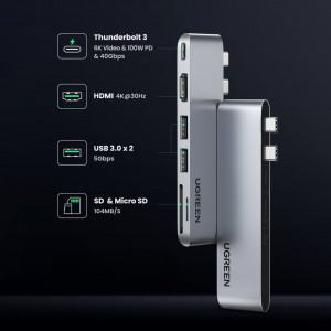 Докинг станция UGREEN CM380 2x USB Type C към HDMI / 2x USB Type A 3.0 / четец за SD и Micro SD карти / USB Type C Power Delivery сива - Img 6
