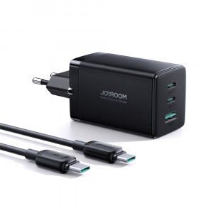 Зарядно за стена JOYROOM GaN 65W USB Type A / 2x USB Type C черен + кабел USB Type C към USB Type C 100W 1.2m (TCG01) черно