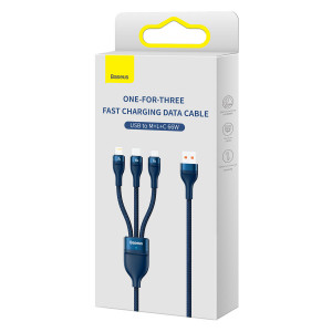 Кабел за зареждане и данни BASEUS Flash II 3in1 USB Type A към USB Type C / Micro USB / Lightning с бързо зареждане 66W 480Mb/s 1.2m син - Img 5
