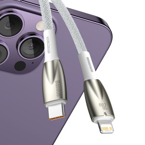 Кабел за зареждане и данни BASEUS Glimmer USB Type C към Lightning с бързо зареждане 480Mb/s Power Delivery 20W 1m бял - Img 4