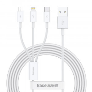 Кабел за зареждане и данни BASEUS Superior 3in1 USB Type A към Lightning / USB Type C / micro USB 3.5A 1.5 m бял (CAMLTYS-02) - Img 1