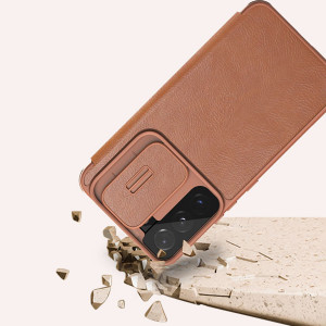 Калъф тип книга от еко кожа с подвижно покритие за камерата NILLKIN Qin Leather Pro - Samsung Galaxy S22 кафяв - Img 11