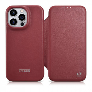 Калъф тип книга от естествена кожа iCARER CE Oil Wax Premium MagSafe - iPhone 14 Pro червен - Img 1
