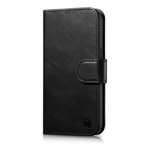 Калъф тип книга от естествена кожа iCARER Oil Wax Wallet 2в1 против кражба - iPhone 14 Plus черен - Img 1