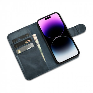 Калъф тип книга от естествена кожа iCARER Oil Wax Wallet 2в1 против кражба - iPhone 14 Pro син - Img 9