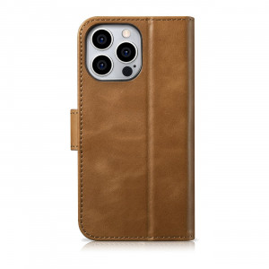 Калъф тип книга от естествена кожа iCARER Oil Wax Wallet 2в1 против кражба - iPhone 14 Pro кафяв - Img 13