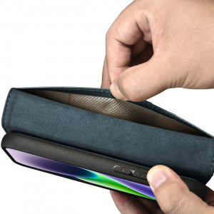 Калъф тип книга от естествена кожа iCARER Oil Wax Wallet 2в1 против кражба - iPhone 14 Plus син - Img 11