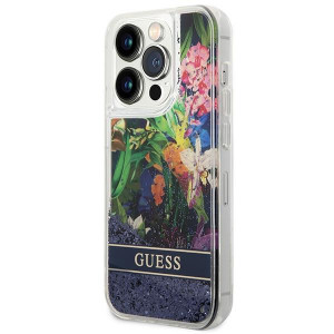 Оригинален гръб GUESS Flower Liquid Glitter GUHCP14LLFLSB - iPhone 14 Pro син - Img 2
