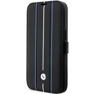Оригинален калъф тип книга BMW Leather Stamp Blue Lines BMBKP14L22RVSK - iPhone 14 Pro черен - Img 1