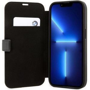 Оригинален калъф тип книга BMW Leather Textured & Stripe BMBKP14L22RDPK - iPhone 14 Pro черен - Img 6