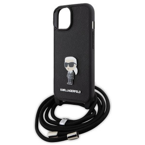 Оригинален твърд гръб с презрамка KARL LAGERFELD Saffiano Monogram Metal Pin Karl & Choupette - iPhone 15 черен - Img 5