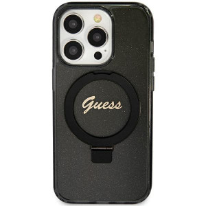 Оригинален твърд гръб GUESS Ring Stand Script Glitter MagSafe - iPhone 12 / 12 pro черен