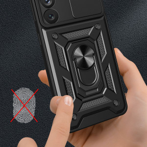 Подсилен гръб Hybrid Armor Camshield с подвижно покритие за камерата и стойка - Samsung Galaxy S23 син - Img 5