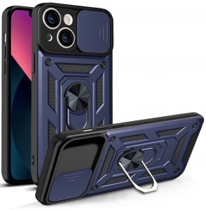 Подсилен гръб Hybrid Armor Camshield с подвижно покритие за камерата и стойка - iPhone 13 син - Img 1