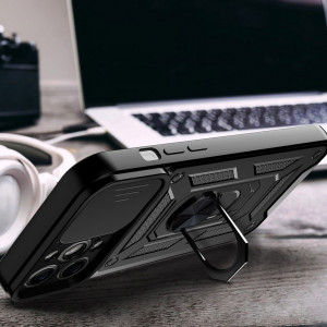 Подсилен гръб Hybrid Armor Camshield с подвижно покритие за камерата и стойка - iPhone 14 Pro черен - Img 5