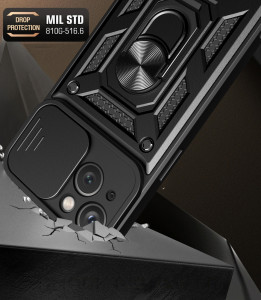 Подсилен гръб Hybrid Armor Camshield с подвижно покритие за камерата и стойка - iPhone 15 Plus черен - Img 2