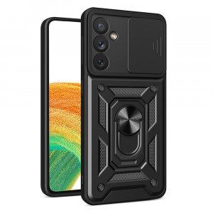 Подсилен гръб Hybrid Armor Camshield с подвижно покритие за камерата и стойка - Samsung Galaxy A14 / A14 5G черен - Img 1