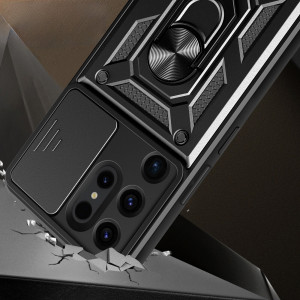 Подсилен гръб Hybrid Armor Camshield с подвижно покритие за камерата и стойка - Samsung Galaxy S24 Ultra черен - Img 4