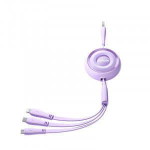 Прибиращ се кабел за зареждане и данни JOYROOM Colorful S-A40 3in1 USB Type A към USB Type C / Lightning / micro USB 1m лилав - Img 1