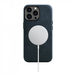 Гръб от естествена кожа iCARER Leather Oil Wax Premium MagSafe - iPhone 14 Pro Max тъмносин - Img 2