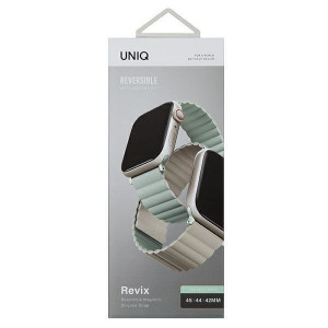 Двулицева магнитна каишка UNIQ Revix - Apple Watch Ultra 49mm / Ultra 2 49mm / 45mm Series 9 / 45mm Series 8 / 45mm Series 7 / 44mm SЕ (2nd gen) / 44mm SE / 44mm Series 6 / 44mm Series 5 / 44mm Series 4 / 42mm Series 3 / 42mm Series 2 резеда / бежов - Img 9
