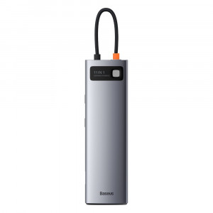 Докинг станция BASEUS Metal Gleam 11в1 USB Type C към 3x USB Type A 3.2 Gen.1 5Gbps / USB Type C Power Delivery 100W / мини жак 3.5mm / VGA Full HD 60Hz / 2x HDMI 4K 30Hz / четец за SD и Micro SD карти / RJ45 1Gbps (CAHUB-CT0G) сива - Img 2