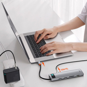 Докинг станция BASEUS Metal Gleam 11в1 USB Type C към 3x USB Type A 3.2 Gen.1 5Gbps / USB Type C Power Delivery 100W / мини жак 3.5mm / VGA Full HD 60Hz / 2x HDMI 4K 30Hz / четец за SD и Micro SD карти / RJ45 1Gbps (CAHUB-CT0G) сива - Img 13
