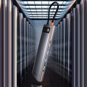 Докинг станция BASEUS Metal Gleam 11в1 USB Type C към 3x USB Type A 3.2 Gen.1 5Gbps / USB Type C Power Delivery 100W / мини жак 3.5mm / VGA Full HD 60Hz / 2x HDMI 4K 30Hz / четец за SD и Micro SD карти / RJ45 1Gbps (CAHUB-CT0G) сива - Img 18