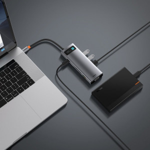 Докинг станция BASEUS Metal Gleam 9в1 USB Type C към 3x USB Type A 3.2 Gen.1 5Gbps / USB Type C Power Delivery 100W / VGA Full HD 60Hz / HDMI 4K 30Hz / четец за SD и Micro SD карти / RJ45 1Gbps (CAHUB-CU0G) сива - Img 10