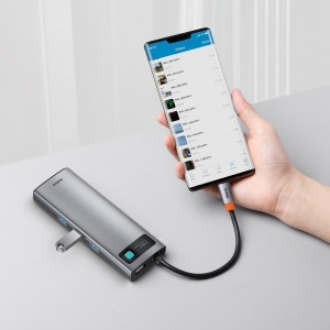 Докинг станция BASEUS Metal Gleam 9в1 USB Type C към 3x USB Type A 3.2 Gen.1 5Gbps / USB Type C Power Delivery 100W / VGA Full HD 60Hz / HDMI 4K 30Hz / четец за SD и Micro SD карти / RJ45 1Gbps (CAHUB-CU0G) сива - Img 11