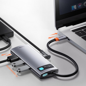 Докинг станция BASEUS Metal Gleam Series 5в1 USB Type C към HDMI / 3x USB Type A / USB Type C Power Delivery 30Hz Version сива - Img 15