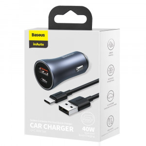 Зарядно за кола BASEUS Golden Contactor Pro 40W USB Type A / USB Type C PD 3.0 QC 4+ SCP FCP AFC + кабел USB Type C (TZCCJD-0G) сиво - Img 5