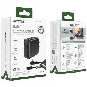 Зарядно за стена ACEFAST GaN 100W USB Type A / 3x USB Type C черен + ъглов кабел USB Type C към USB Type C 2m черно - Img 6