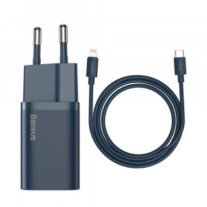 Зарядно за стена BASEUS Super Si 1C 20W USB Type C PD + кабел USB Type C към Lightning кабел 1m (TZCCSUP-B03) синьо - Img 1