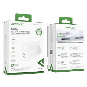 Зарядно за стена (UK стандарт) ACEFAST GaN 50W 2x USB Type C PPS PD Q3 3.0 AFC FCP (A32) бяло - Img 5