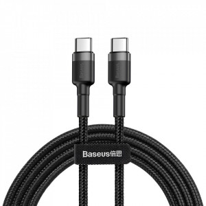 Кабел за зареждане и данни с оплетка BASEUS Cafule USB Type C към USB Type C с бързо зареждане 3.0 Power Delivery 2.0 3A 60W 20V 1m (CATKLF-GG1) черен / сив - Img 1