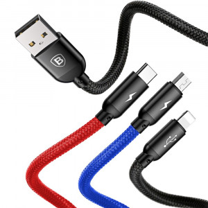 Кабел за зареждане и данни с оплетка BASEUS Three Primary Colors 3in1 USB Type A към micro USB / Lightning / USB Type C 3.5A 1.2m черен (CAMLT-BSY01) - Img 12