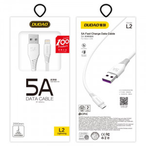 Кабел за зареждане и данни с оплетка DUDAO USB Type A към Lightning 5A 2m (L2L) бял - Img 3